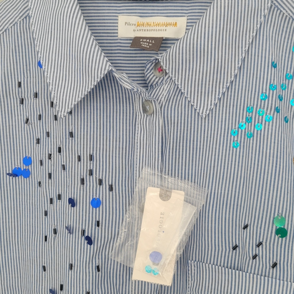 Anthropologie Blue Pinstripe Sequin Shirt
